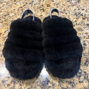 Black Fuzzy Kid UGG Slippers